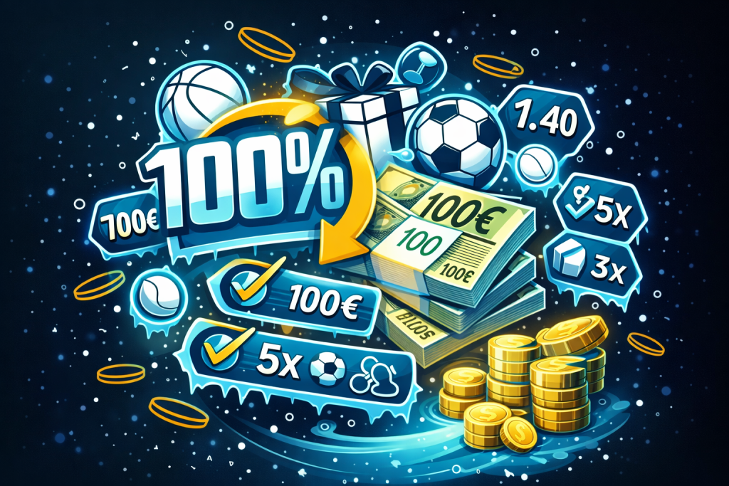 Bónus de boas-vindas apostas desportivas Coldbet 100% até 100€ no primeiro depósito, promoção de bónus e ofertas com moedas douradas, ícones de futebol e basquetebol, presente de bónus, requisitos de rollover 5x, acumuladores mínimo 3 eventos e odds mínimas 1.40, ilustração estilo sticker azul e amarelo, bônus e promoções apostas online.