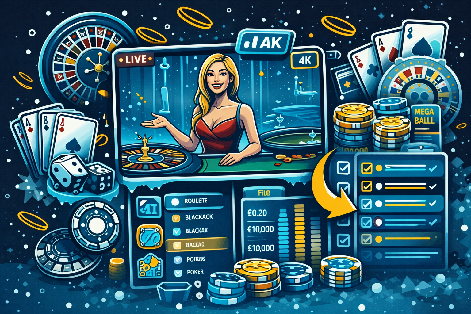 Coldbet Casino Ao Vivo com streaming 4K, roleta ao vivo, blackjack ao vivo e bacará ao vivo, interface com filtros e estatísticas, chips e cartas em estilo sticker azul e dourado.