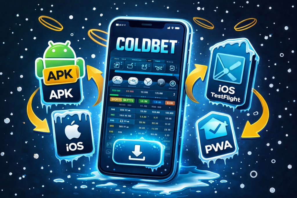 Coldbet app mobile download para Android, iOS e PWA, com Coldbet APK download, Coldbet download apk, Cold Bet APK, Coldbet app iOS TestFlight e Coldbet PWA, mostrando smartphone e ícones de instalação para app de apostas desportivas no telemóvel.