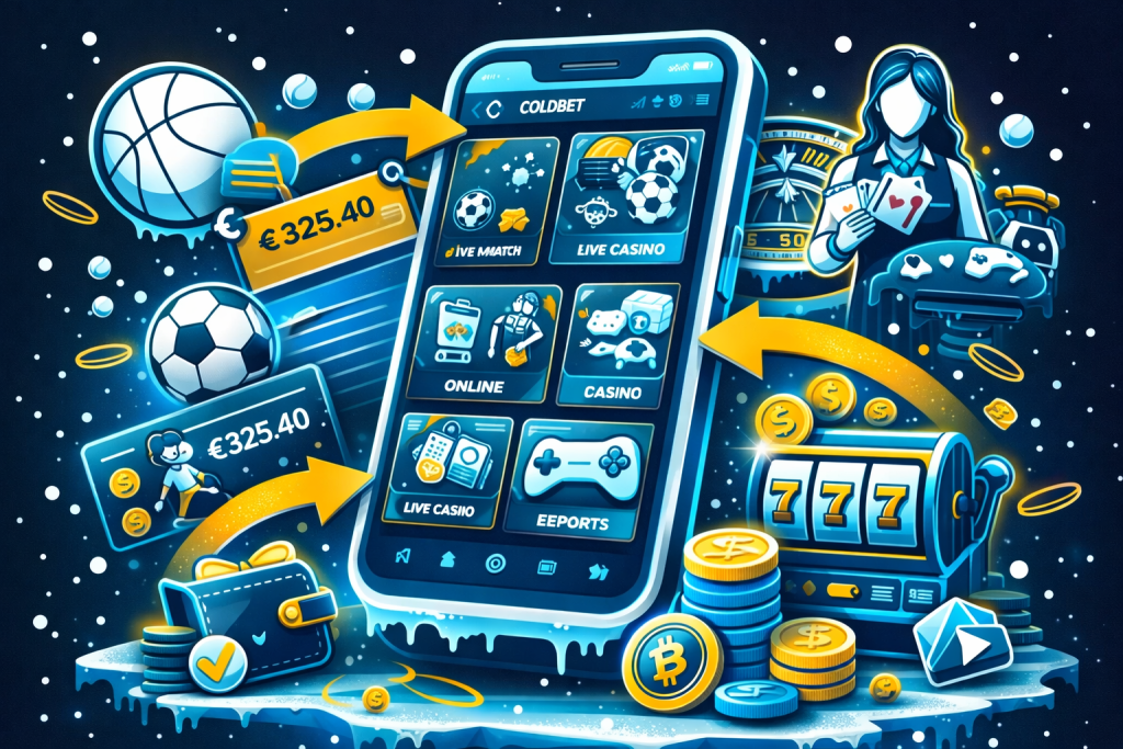 Coldbet app mobile para apostas desportivas no telemóvel e apostas ao vivo, casino online e casino ao vivo, eSports, gestão de conta, depósitos e levantamentos rápidos, pagamentos MB WAY e Multibanco, carteiras digitais e criptomoedas, interface com smartphone, ícones de desporto, roleta, slot e moedas em estilo sticker azul e amarelo.