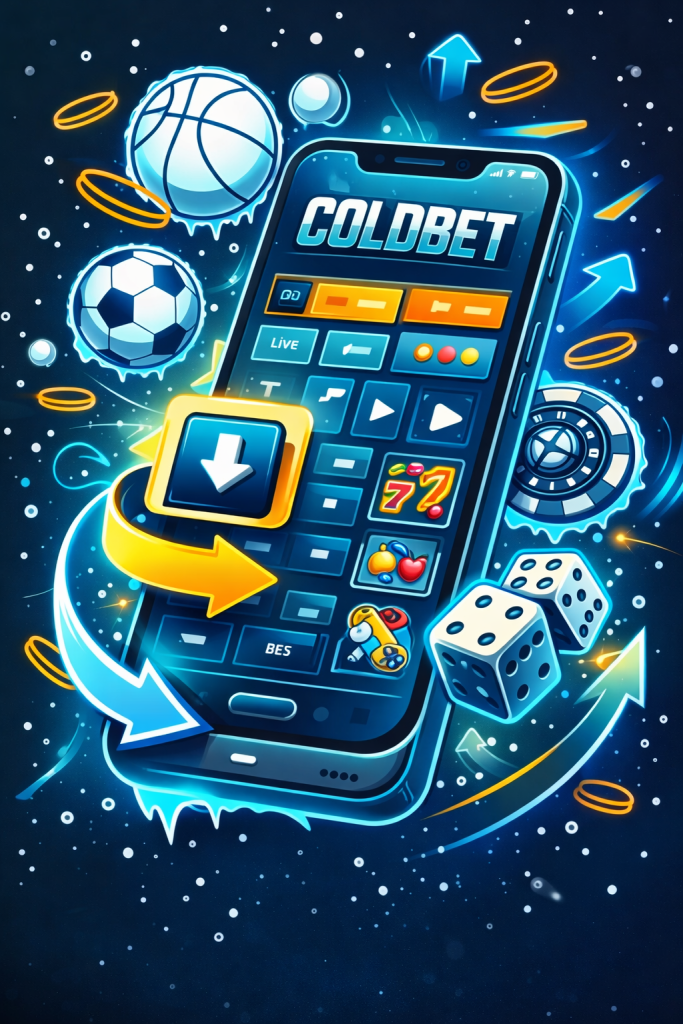 Coldbet app no telemóvel com ícone de download, aposta ao vivo, casino e elementos de jogo em estilo sticker azul e dourado (app Coldbet download, Coldbet apk, Coldbet login, apostas mobile)