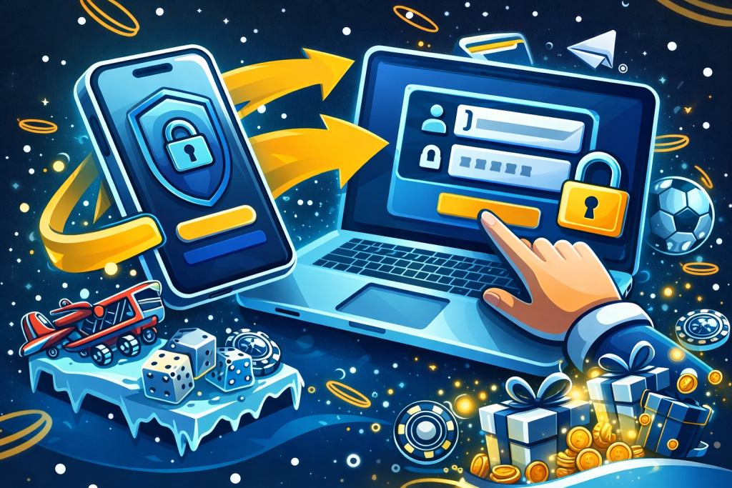 Coldbet login e registo em smartphone e portátil com cadeado, setas douradas, fichas, dados e bola num design azul e amarelo estilo sticker, acesso rápido à conta, app e vantagens