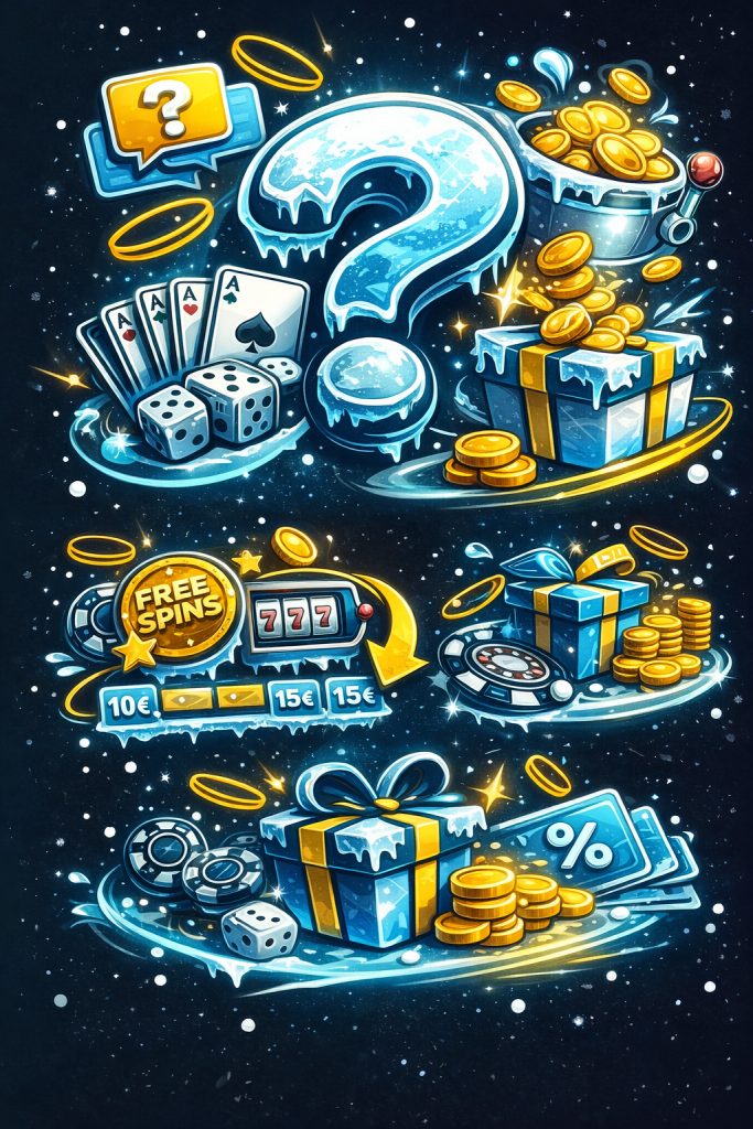FAQ Coldbet bónus e promoções, ilustração estilo sticker azul e amarelo com ponto de interrogação gelado, moedas douradas, fichas de casino, cartas, dados, presente de bónus, ícone de percentagem, barra de progresso de ofertas, free spins e free bets sem texto, cashback Coldback, bónus de boas-vindas casino e sportsbook, código promocional, rollover, acumuladores, promoções semanais, design vetorial com contorno branco e fundo azul escuro.