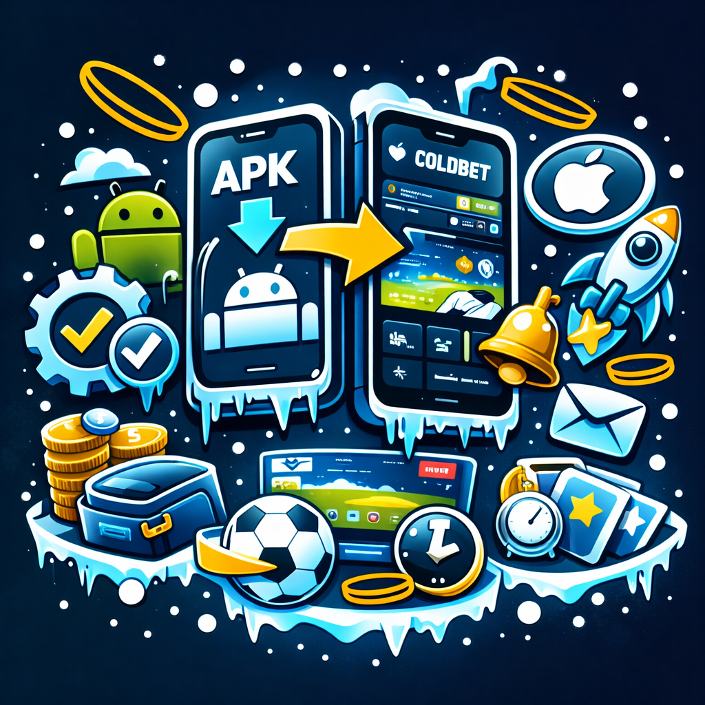 FAQs da app Coldbet: ilustração em estilo sticker azul e dourado com dois smartphones, download APK no Android, instalação iOS via TestFlight e alternativa PWA, ícones de notificações, promoções, live betting, odds em tempo real, histórico de apostas, depósito e levantamento, moedas e bola de futebol em fundo escuro.