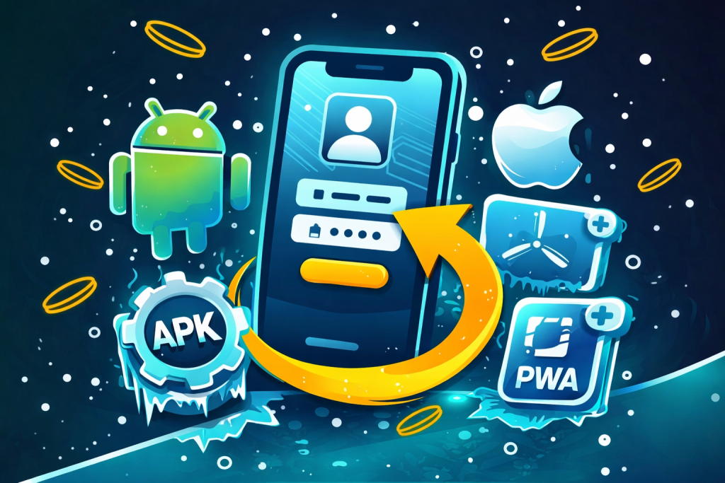 Login e registo na Coldbet App no telemóvel: ecrã de login num smartphone com opções Android APK, iOS e PWA para download, acesso rápido e navegação mobile.