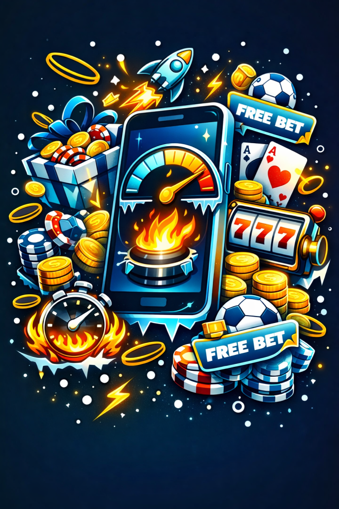 Ilustração estilo sticker em azul e dourado de app mobile Coldbet com bónus e promoções, smartphone com medidor e chama, moedas e fichas, elementos de casino online, ícones de apostas desportivas, futebol, roleta e cartas, representando bónus de boas-vindas, promoções na app, aposta grátis, free spins, cashback/Coldback, boost de acumuladores e seguro de acumulador.