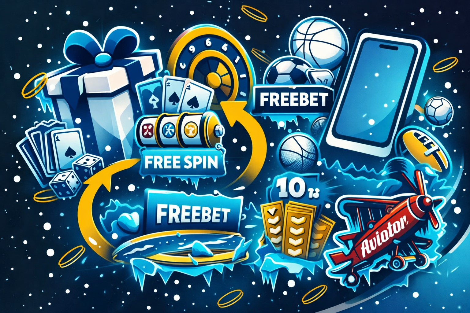 bónus e promoções Cold Bet com smartphone, presentes, roleta, cartas, dados, slot e ícones de free spins e free bet, estilo sticker azul e dourado, promo bónus sem depósito após registo e recompensas na app, apostas mobile e ofertas de casino e desporto.