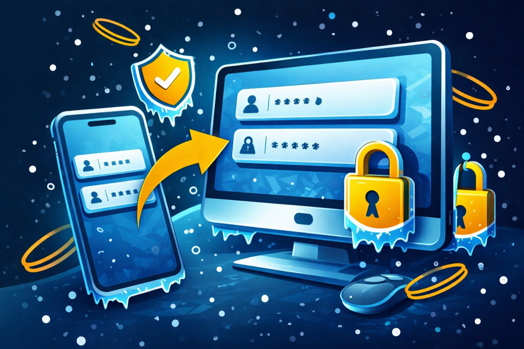 Ilustração estilo sticker em tons azul e amarelo com computador e telemóvel a mostrar campos de acesso, cadeado de segurança e seta a indicar login/registo rápido na Coldbet